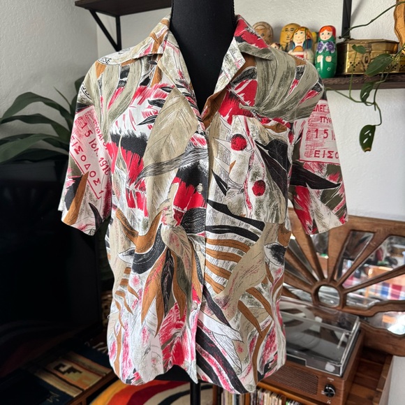 Vintage 80’s Russ Petites French Tropical Ticket Button Down Blouse size 8 - Picture 1 of 9